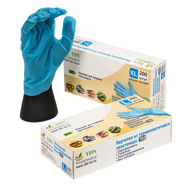 Перчатки из термопластичного эластомера одноразовые голубые TDN Food&Medical, 200 штук в упаковке