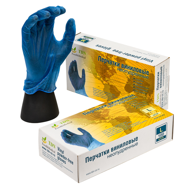 Перчатки виниловые одноразовые голубые TDN Food&Medical, 100 штук в упаковке