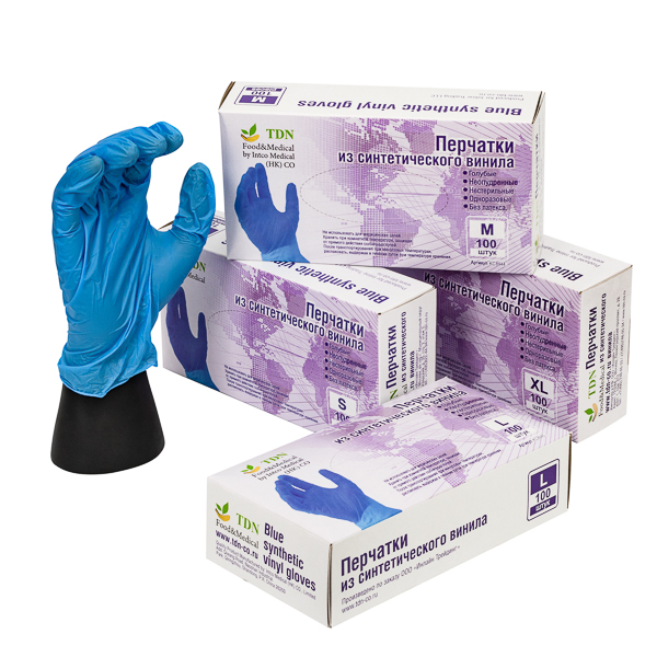 Перчатки из синтетического винила одноразовые голубые TDN Food&Medical, 100 штук в упаковке