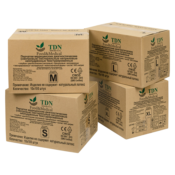 Перчатки нитриловые 3.5 гр одноразовые голубые TDN Food&Medical, 100 штук в упаковке